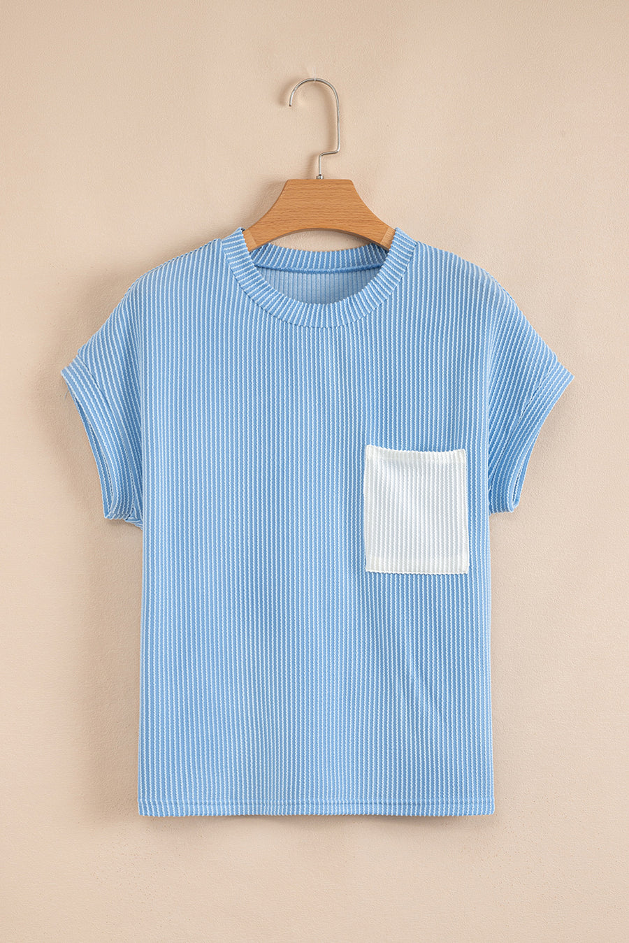 Twist Ribbed Color Block Pocket Crew Neck T-Shirt- 4 Colors
