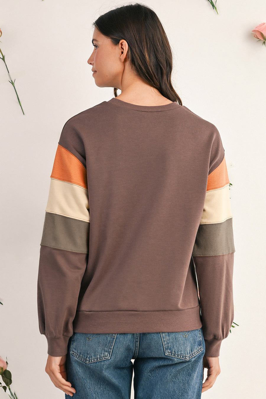 Dark Khaki Multi Colorblock Drop Shoulder Pullover Sweatshirt