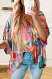 Multicolored Abstract Print Short Sleeve Loose Fit Button-Up Blouse
