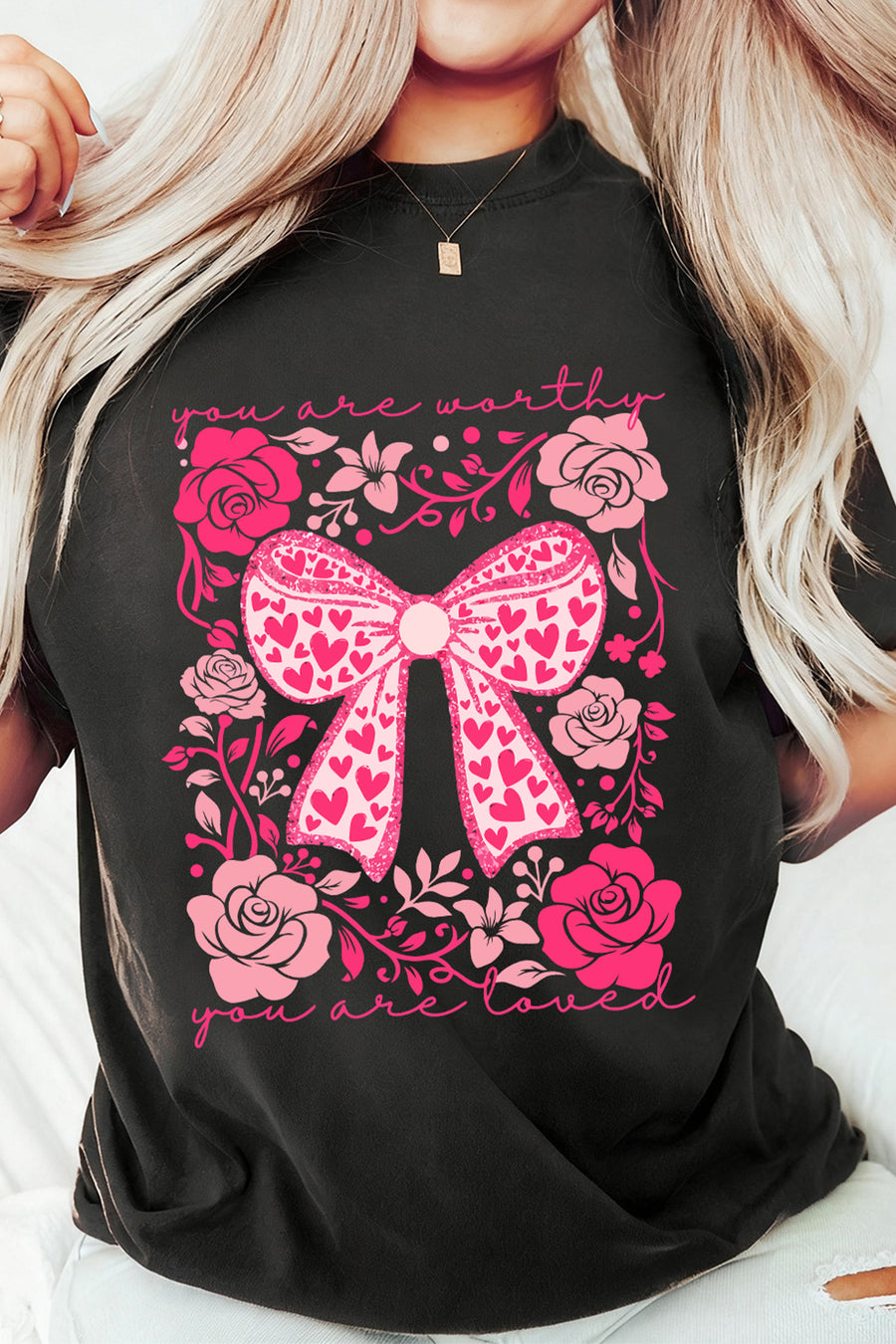 Black Floral Heart Pattern Bow Graphic T-Shirt A