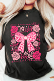 Black Floral Heart Pattern Bow Graphic T-Shirt A
