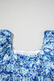 Blue Multi Floral Puff Sleeve Babydoll Mini Dress with Pockets