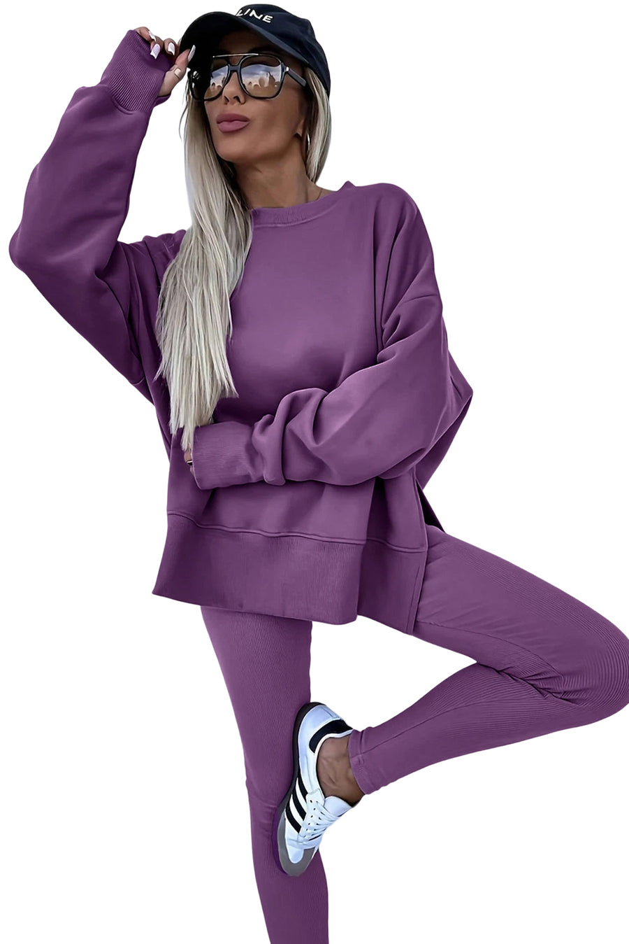 Oversized Split Hem Sweatshirt & Ribbed Leggings Set- 3 Colors