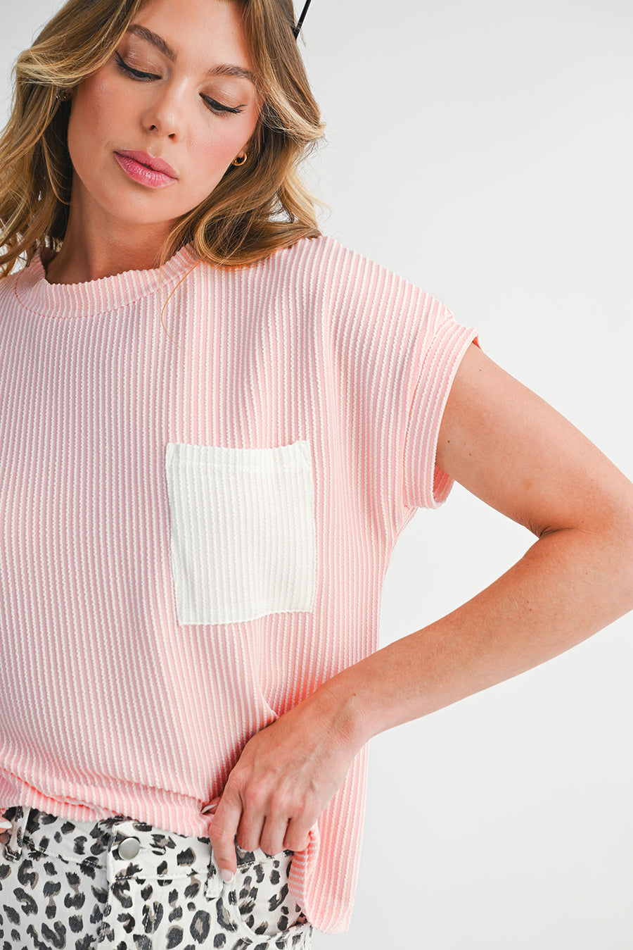 Twist Ribbed Color Block Pocket Crew Neck T-Shirt- 4 Colors
