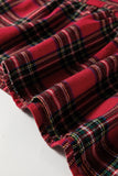 Red Plaid Shirt Collared Quarter Button-Up Ruffled Hem Long Sleeve Mini Dress