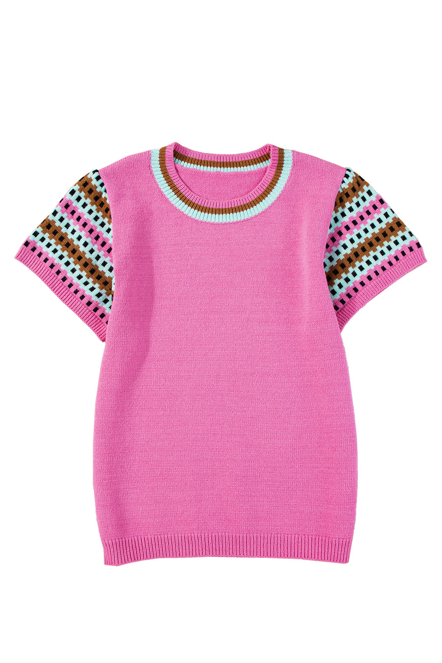 Bright Pink Square Stripes Crew Neck Short Sleeve Sweater