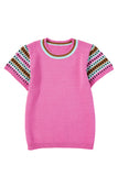 Bright Pink Square Stripes Crew Neck Short Sleeve Sweater