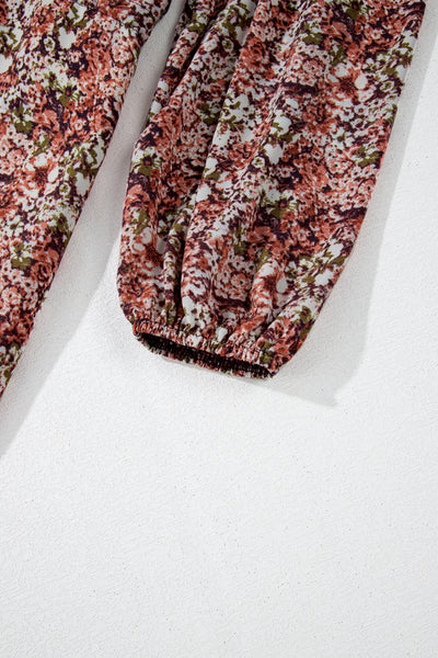 Brown Floral Print Frill V Neck Split Midi Dress