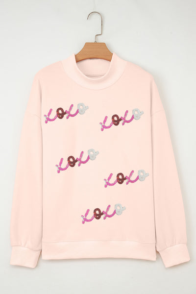 Apricot Pink Sequin XOXO Patched Mock Neck Oversized Sweatshirt