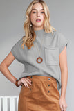 Green Pocket Ribbed Knit Short Sleeve Sweater- 9 Colors
