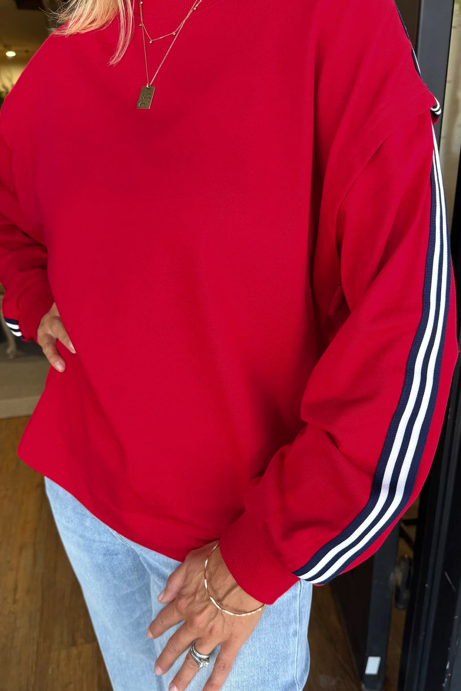Red Striped Arm Tape Crew Neck Sweatshirt