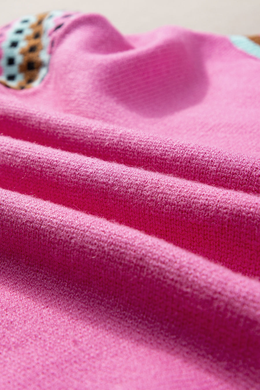 Bright Pink Square Stripes Crew Neck Short Sleeve Sweater