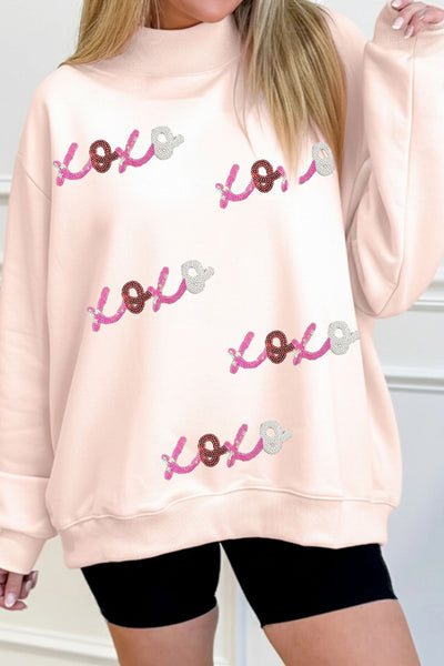 Apricot Pink Sequin XOXO Patched Mock Neck Oversized Sweatshirt
