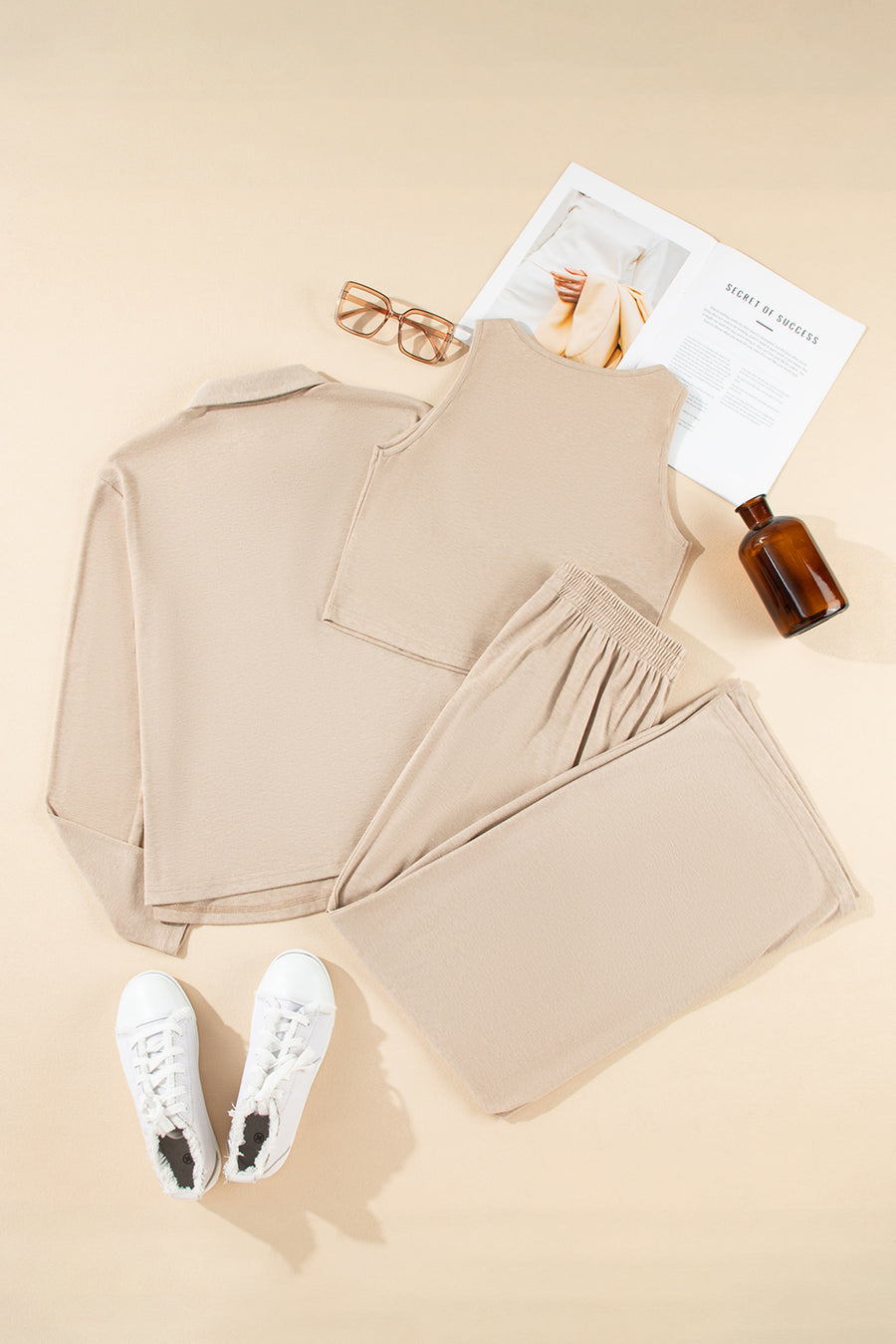 Oatmeal V-Neck Vest, Button-Up Cardigan, and Pants Pajama Set