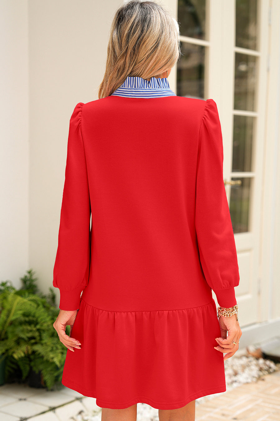 Striped Collar Long Sleeve Ruffle Hem Dress- 2 Colors