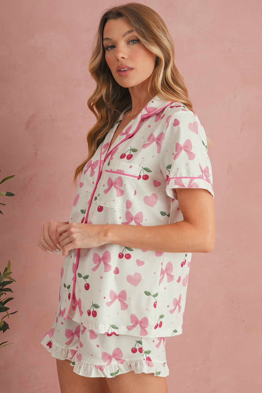 Bow Print Button-Up V-Neck Short Sleeve Top and Ruffle Hem Shorts Pajama Set- 2 Styles