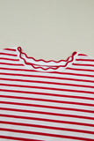 Plus Size Red Striped Scalloped Trim Crew Neck Short Sleeve T-Shirt