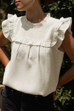 White Ruffle Trim Waffle Textured Short Sleeve Blouse
