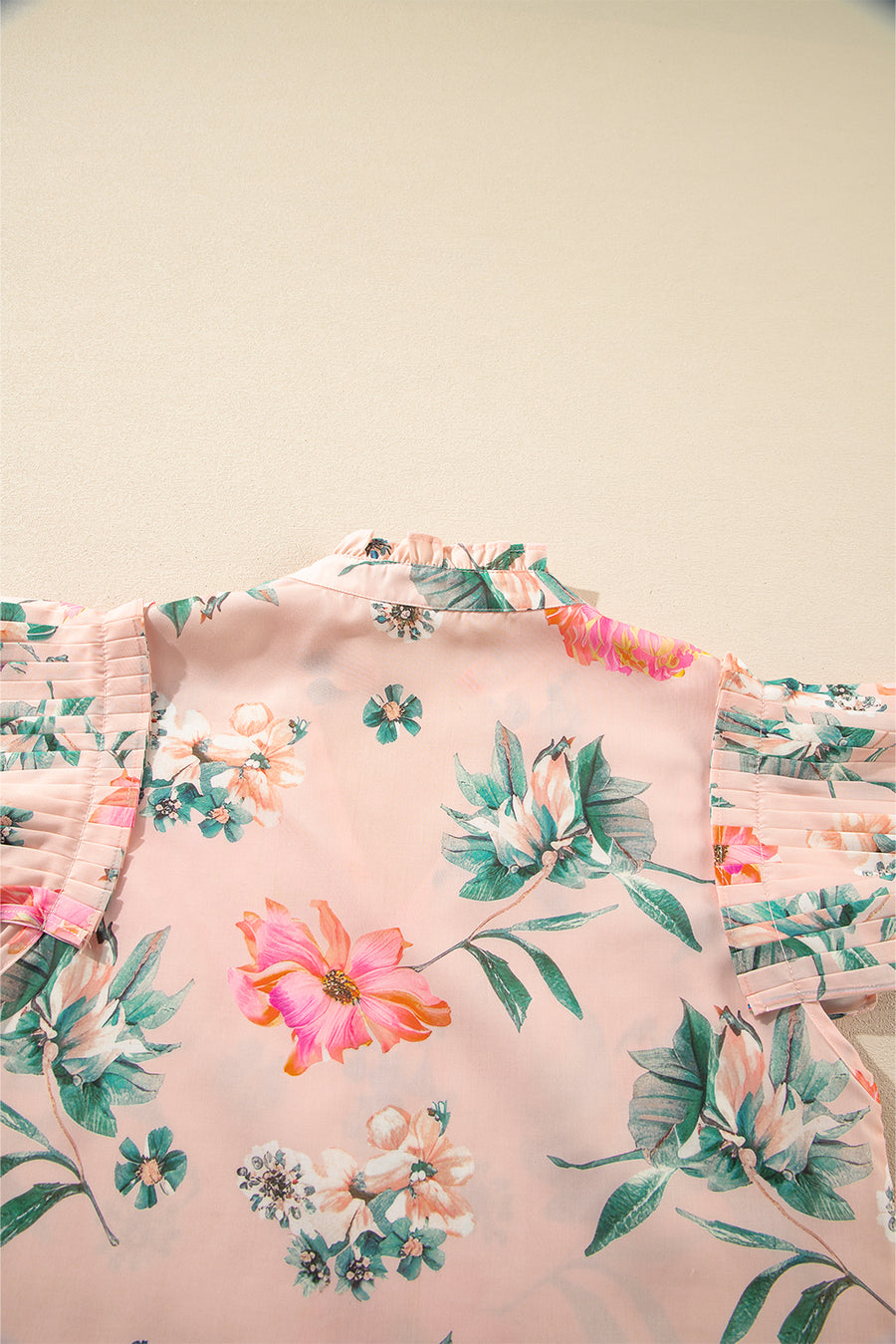 Apricot Floral Frill V-Neck Pleated Short Sleeve Blouse