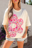 Pink Floral Patched Exposed Seam Oversized T-Shirt- 2 Colors