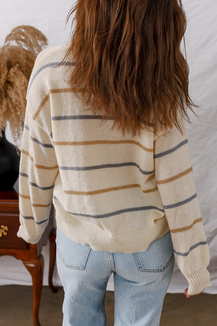 Striped Ribbed Edge Drop Shoulder Sweater- 2 Colors