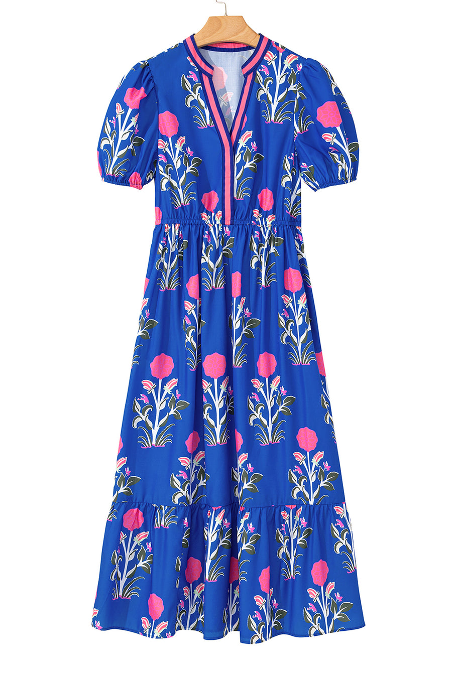 Floral Ruffle Hem Contrast Trim Neckline Midi Dress- 3 Colors