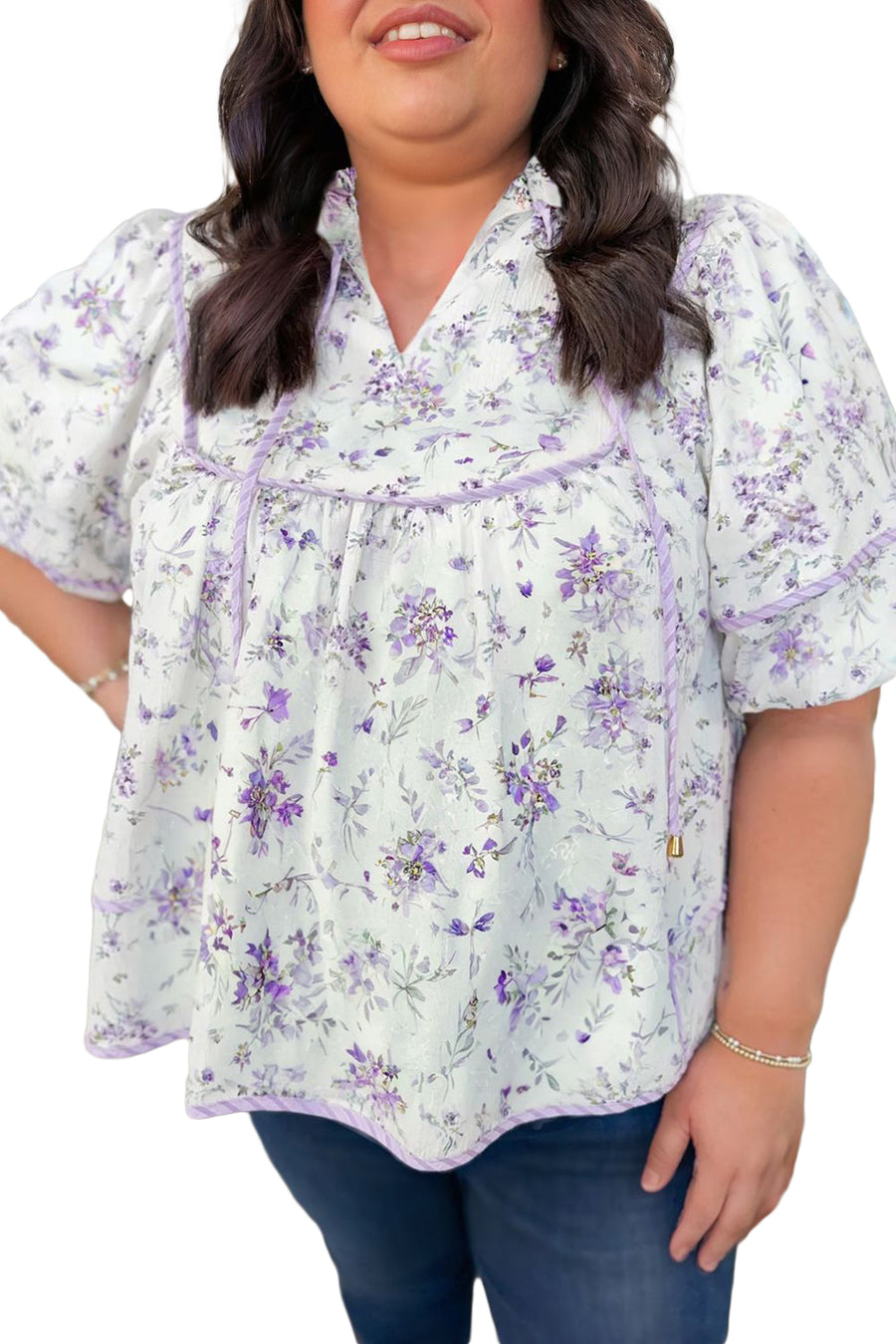 Plus Size Lavender Floral Frill V-Neck Blouse