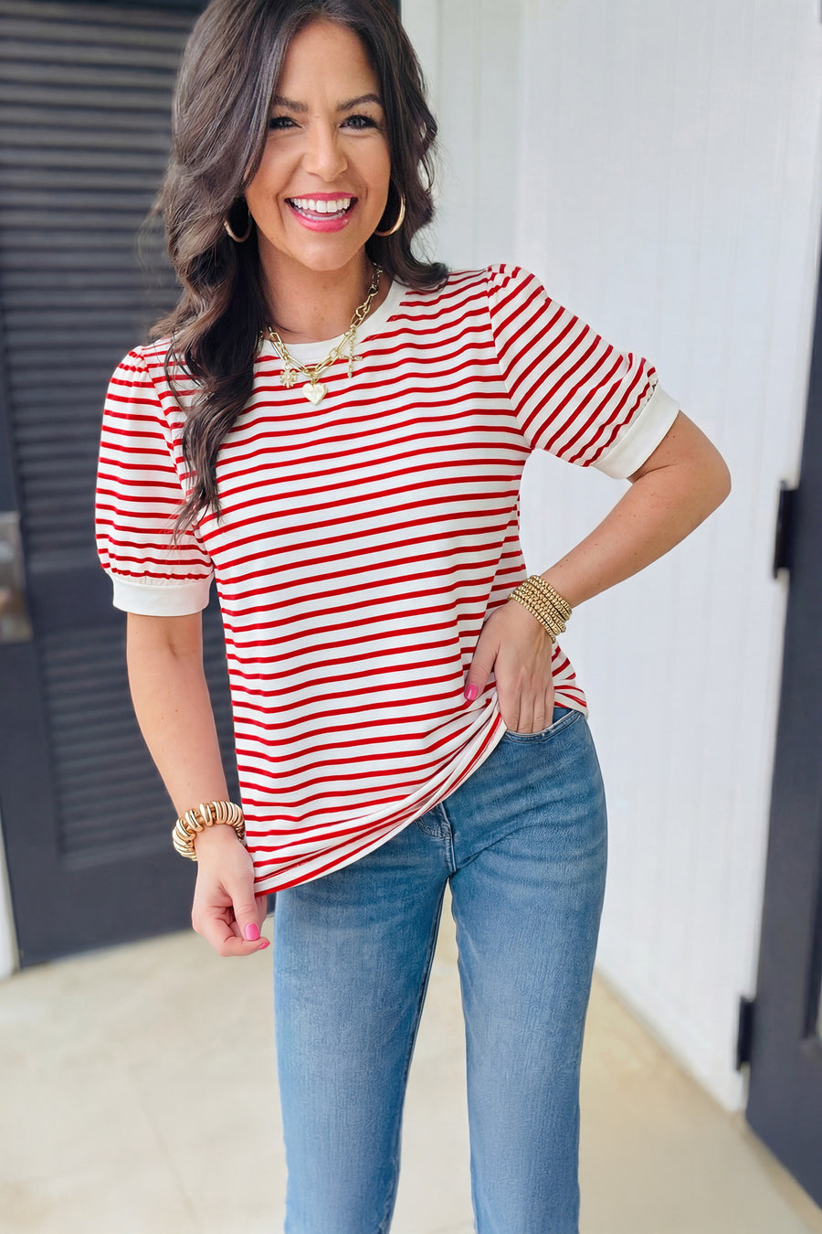 Red Striped Contrast Trim Crew Neck Short Puff Sleeve T-Shirt