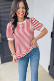 Red Striped Contrast Trim Crew Neck Short Puff Sleeve T-Shirt