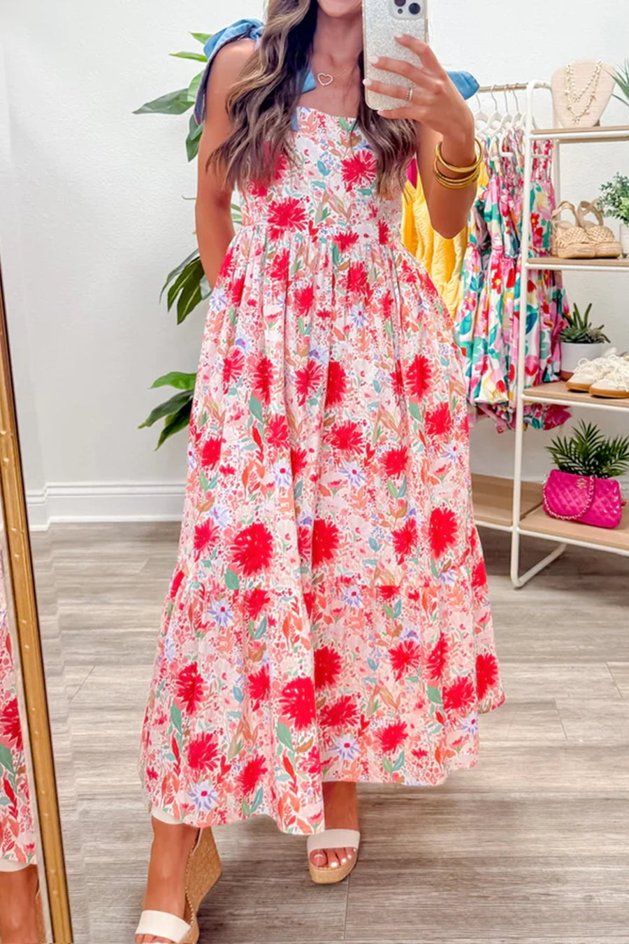 *Backorder* Floral Print Denim Straps High Waist Maxi Dress