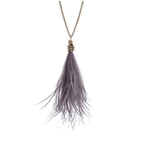 Gold Tone Feather Pendant Necklace- Gray