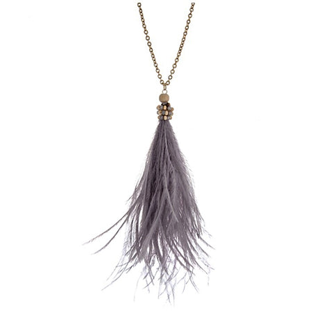 Gold Tone Feather Pendant Necklace- Gray