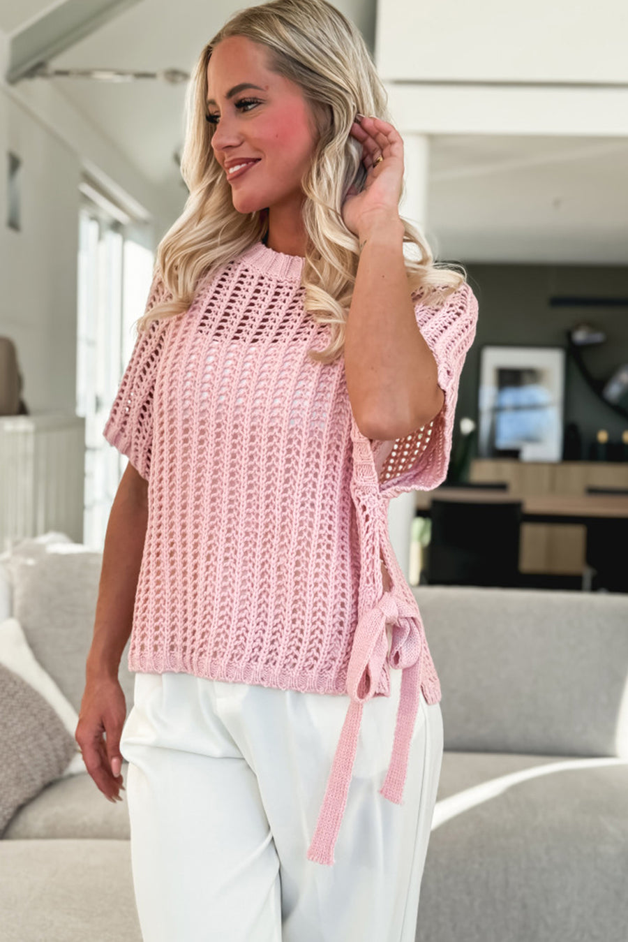 Side Tie Crochet Knit Short Sleeve Sweater- 2 Colors
