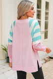 Light Pink Striped Color Block Patchwork Raglan Sleeve Top