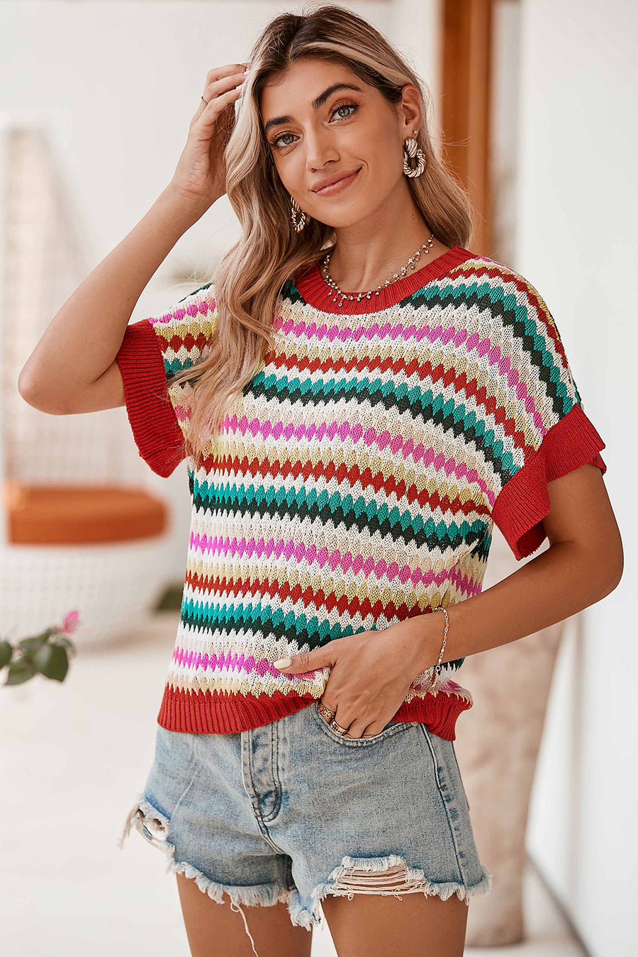 Red Multi Striped Diamond Pattern Short Sleeve Knit Sweater