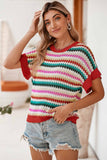 Red Multi Striped Diamond Pattern Short Sleeve Knit Sweater
