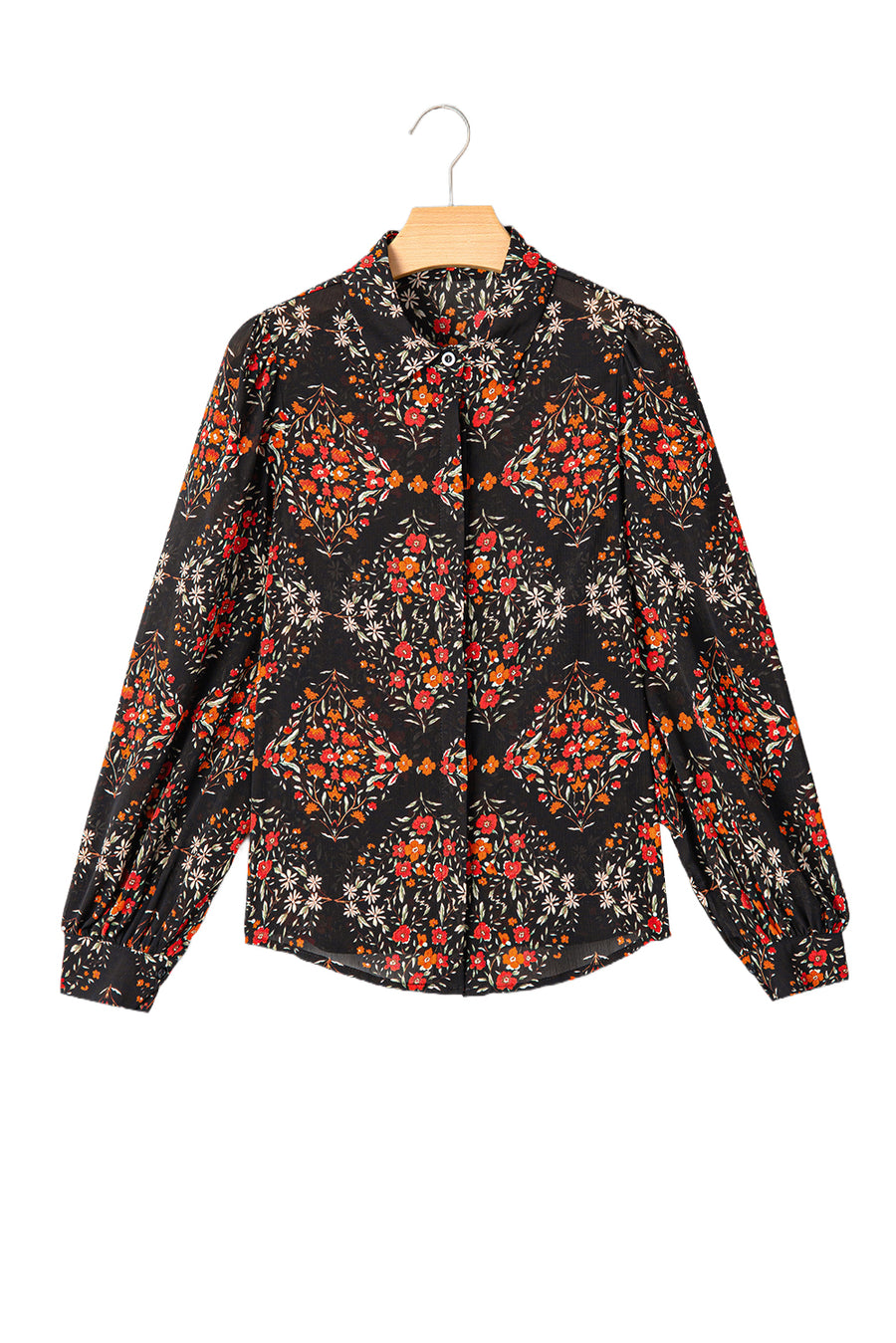 Black Floral Collared Button-Up Lantern Sleeve Blouse