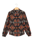 Black Floral Collared Button-Up Lantern Sleeve Blouse