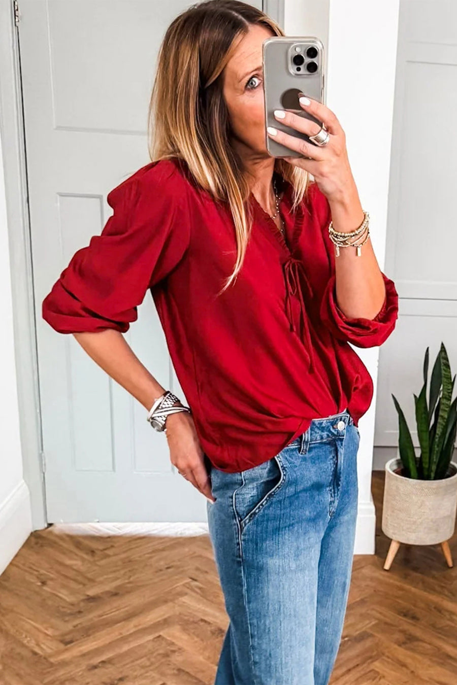 Frilled V-Neck Bow Detail 3/4 Sleeve Blouse- 2 Colors