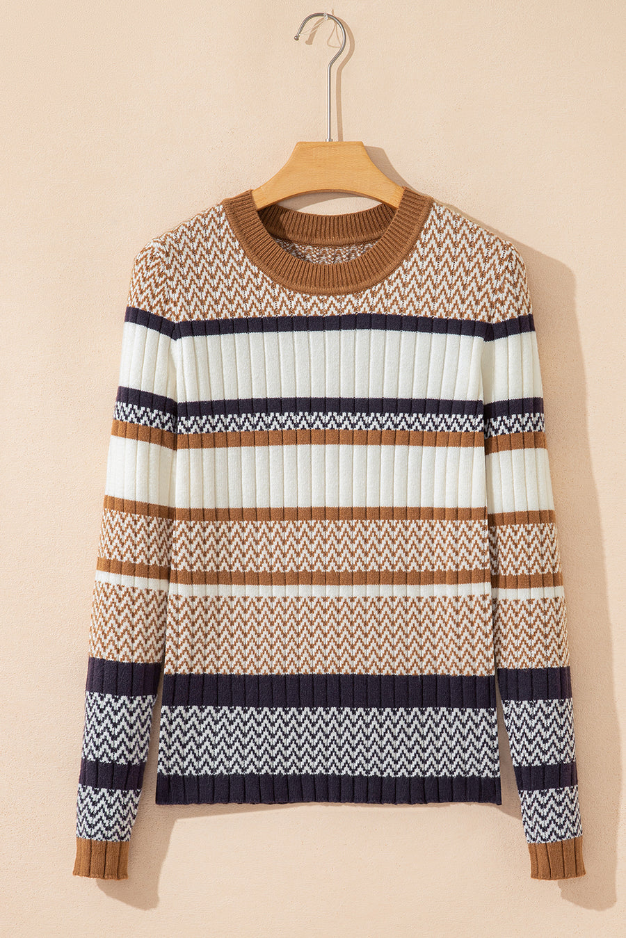Brown Multi Striped Chevron Pattern Knit Ribbed Trim Slim Fit Sweater