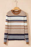 Brown Multi Striped Chevron Pattern Knit Ribbed Trim Slim Fit Sweater