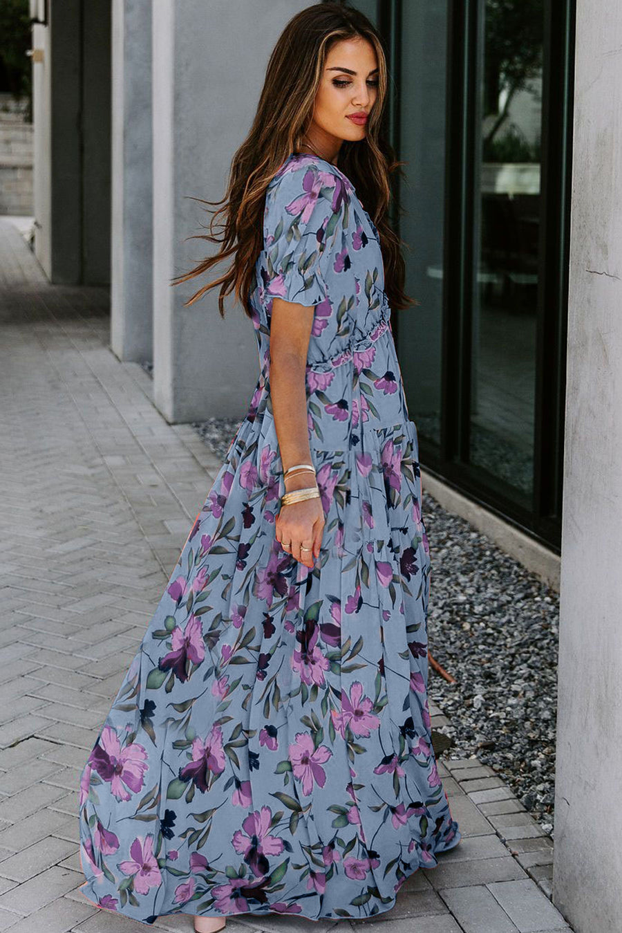Dusty Blue and Purple Floral Print Frilled V-Neck Short Sleeve Maxi Dress