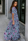 Dusty Blue and Purple Floral Print Frilled V-Neck Short Sleeve Maxi Dress