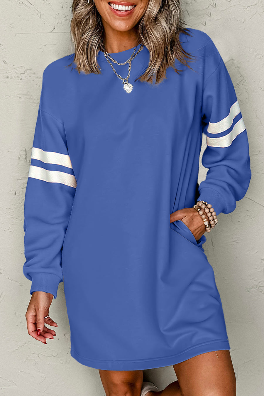 Varsity Striped Long Sleeve Loose Mini Dress with Pockets- 5 Colors