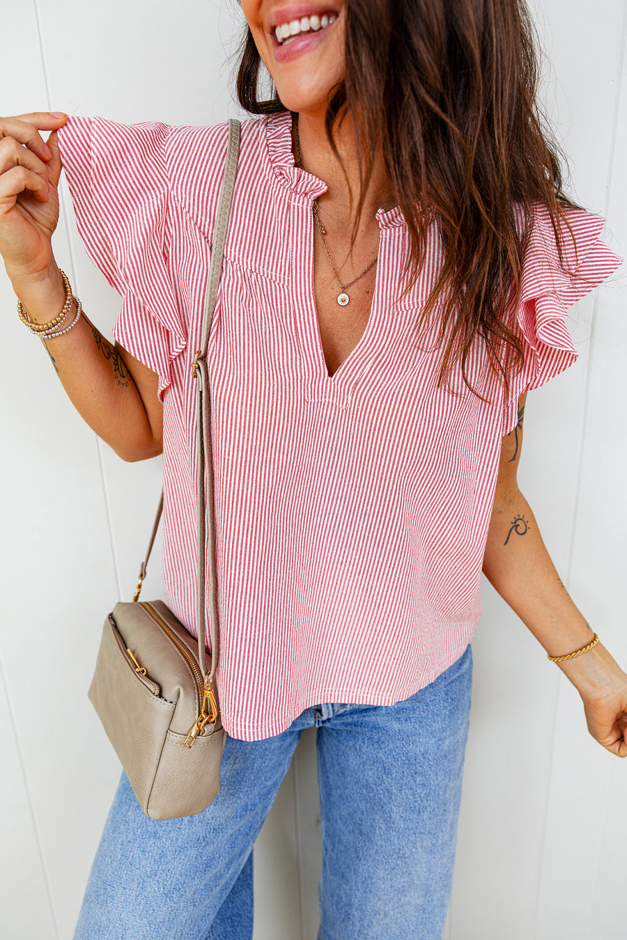 Red Striped Frilled V-Neck Double Ruffled Short Sleeve Blouse