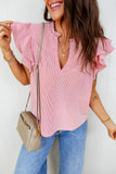 Red Striped Frilled V-Neck Double Ruffled Short Sleeve Blouse