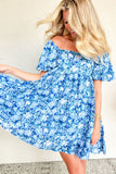 Blue Multi Floral Puff Sleeve Babydoll Mini Dress with Pockets