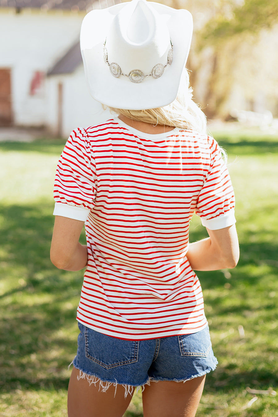 Red Striped Contrast Trim Crew Neck Short Puff Sleeve T-Shirt