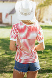 Red Striped Contrast Trim Crew Neck Short Puff Sleeve T-Shirt