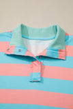 Coral & Turquoise Striped Drop Shoulder Button Collar Side Slit Long Sleeve Shirt